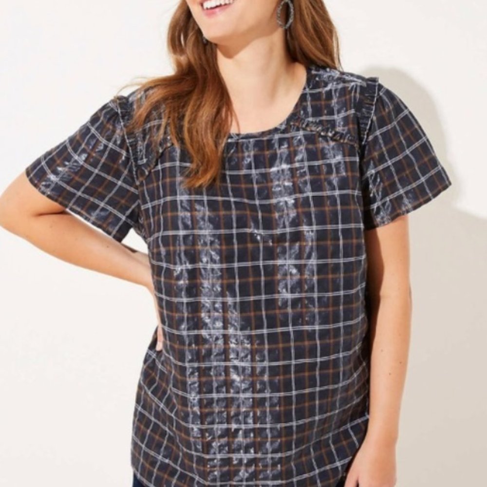 Loft Plus Shimmer Plaid Ruffle Trim Top 14W